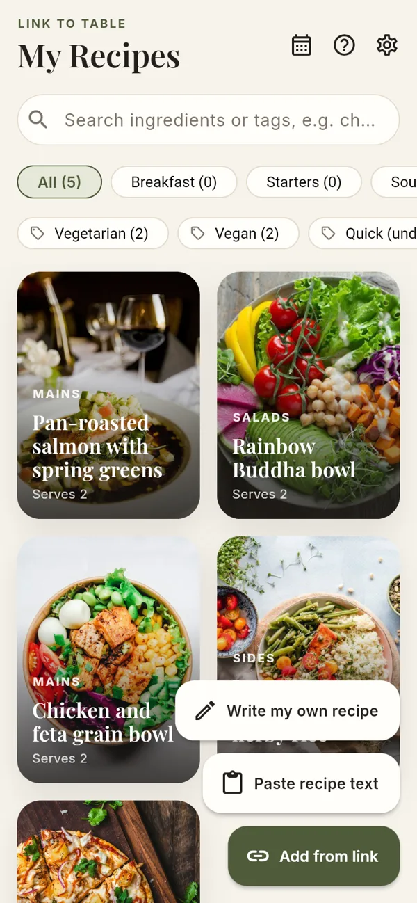 The Link to Table home screen showing a grid of recipes