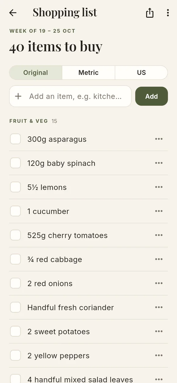 Plan the week – screenshot of the app