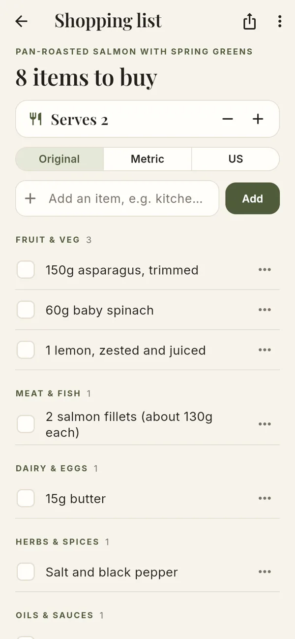 A shopping list by aisle – screenshot of the app
