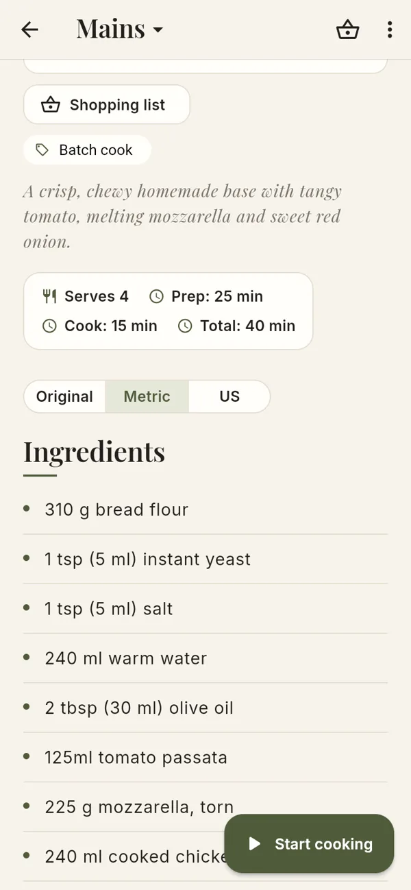 Original, Metric or US – screenshot of the app